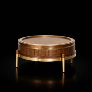 luxury wood and solid natural brass coffee table – handcrafted round statement table