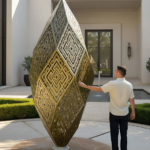 large brass geometric decor centerpiece in riad courtyard