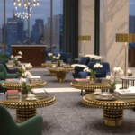 brass bubble coffee tables set in hotel lounge interior